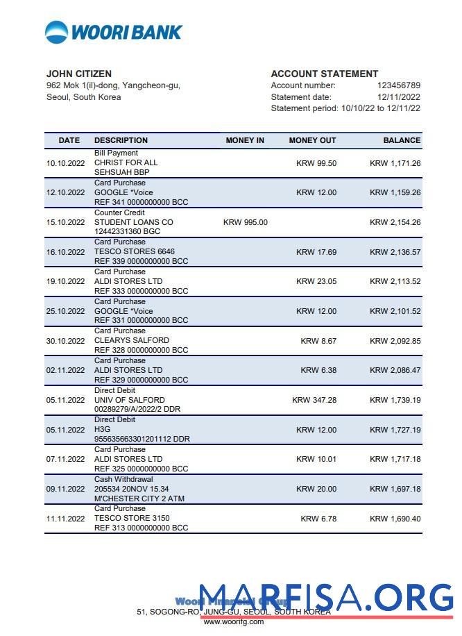Printable South Korea Woori bank statement excel download for verification